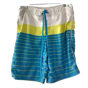 SALE OP Mens Board Shorts Swim Trunks Blue Yellow Striped - Size 28-30